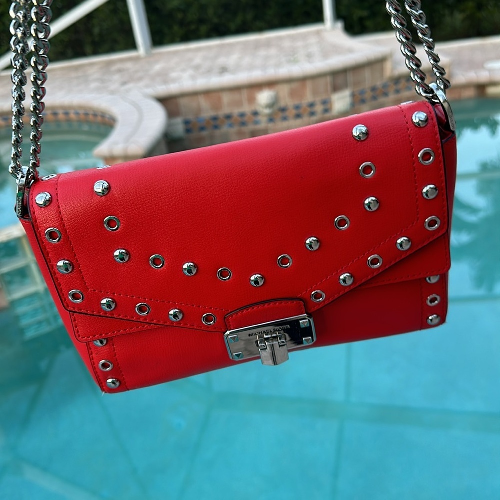 Michael Kors Kinsley Red Leather Studded Crossbody - Picture 7 of 17